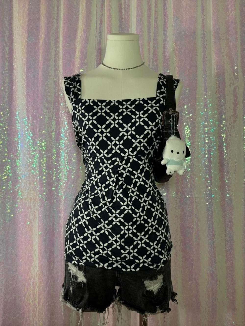 Ann Taylor Black & White Geometric Floral Pattern Tank Top Blouse (M) ★彡